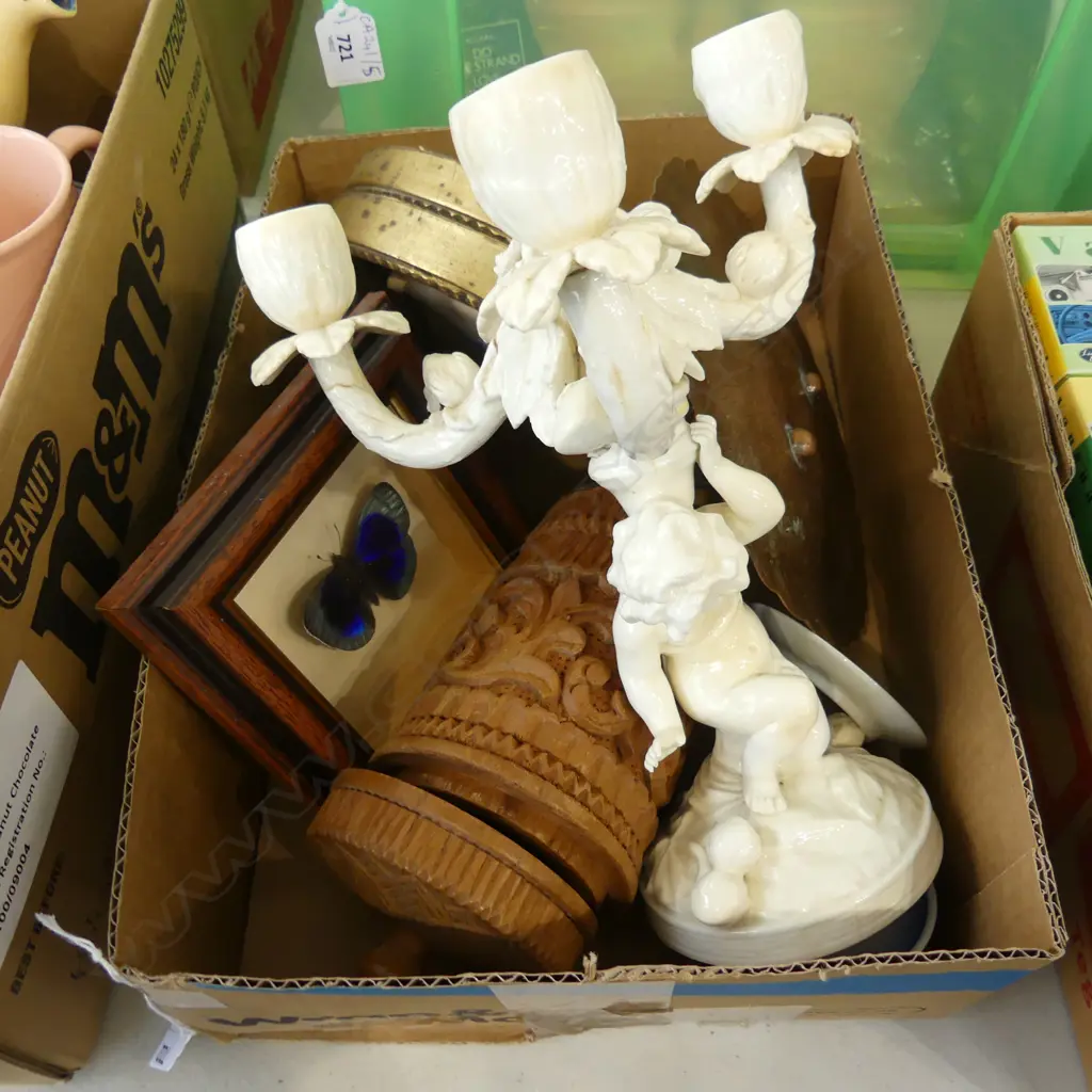 ASST. ITEMS; CANDLESTICK, WOODEN CONTAINER, FRAMED BUTTERFLY Image 1++