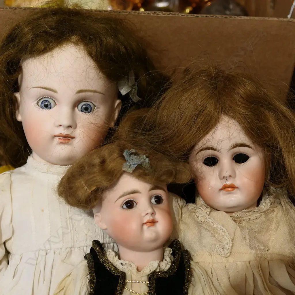 THREE ANTIQUE DOLLS, CHINA HEADS & WOODEN JOINTED BODIES: FAULTS;MISSING EYES, HAIR SEPARATED ETC, TALLEST 480mm Image 1++