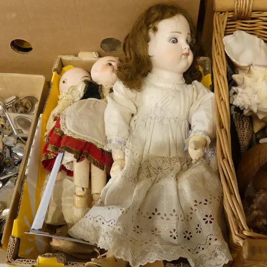 THREE ANTIQUE DOLLS, CHINA HEADS & WOODEN JOINTED BODIES: FAULTS;MISSING EYES, HAIR SEPARATED ETC, TALLEST 480mm