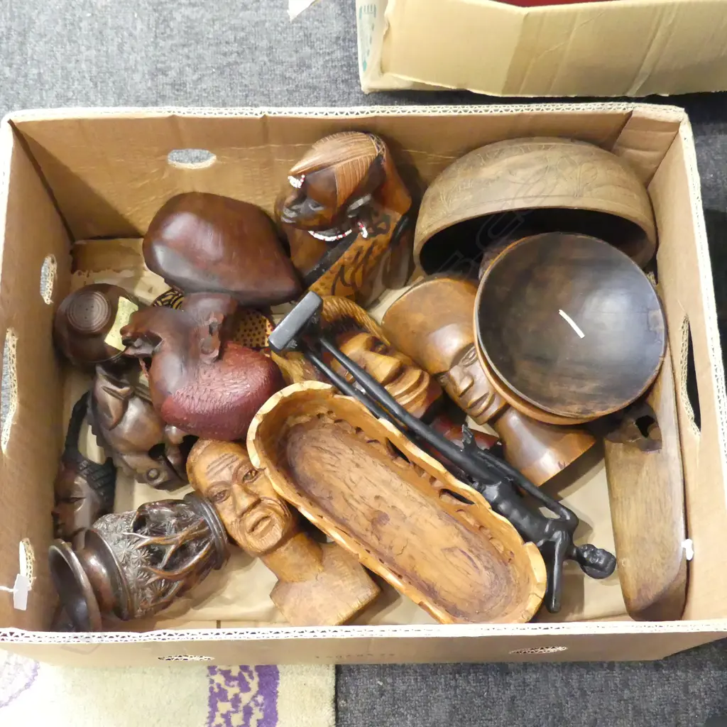 BOX LOT ETHNIC CARVINGS BOWLS MASKS ETC Image 1++