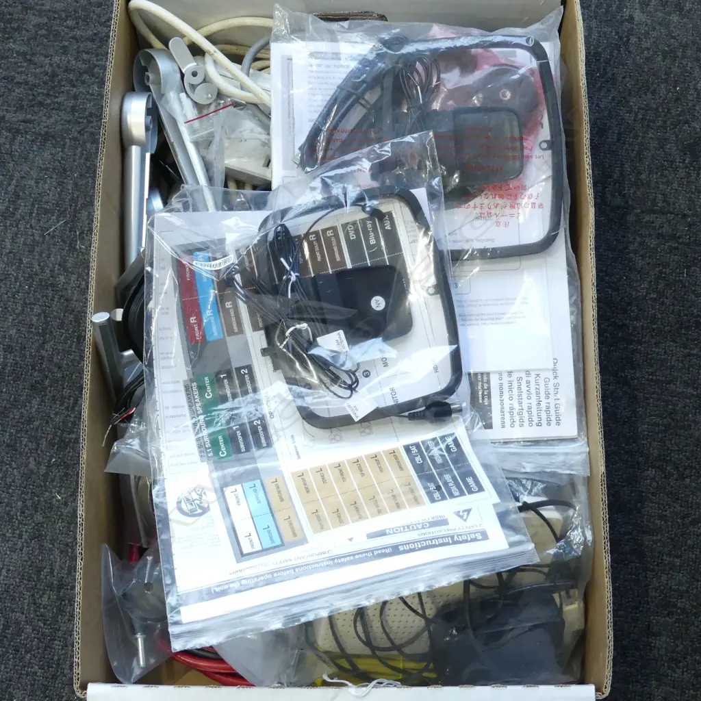 ASSORTED BOX OF STERIO WIRES & FITTINGS ETC ETC Image 1++
