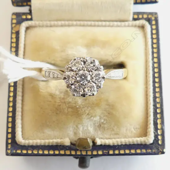 ESTATE 18CT GOLD AND PALLADIAN DIAMOND CLUSTER RING (7 old cut diamonds) SIZE N