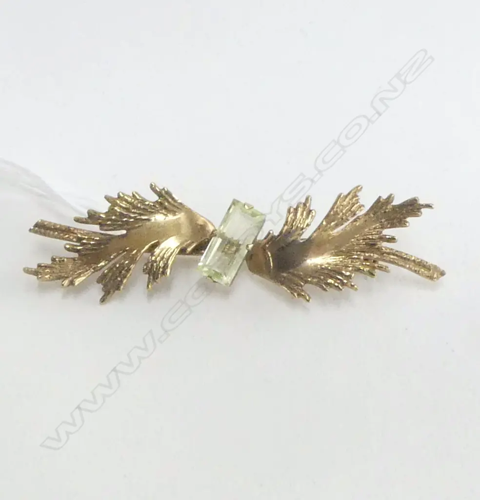 9CT SEMI PRECIOUS STONE BROOCH W.60mm 5.8gms Image 1++