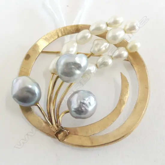 14ct GOLD BROOCH w SHEAF of PEARLS 15gm