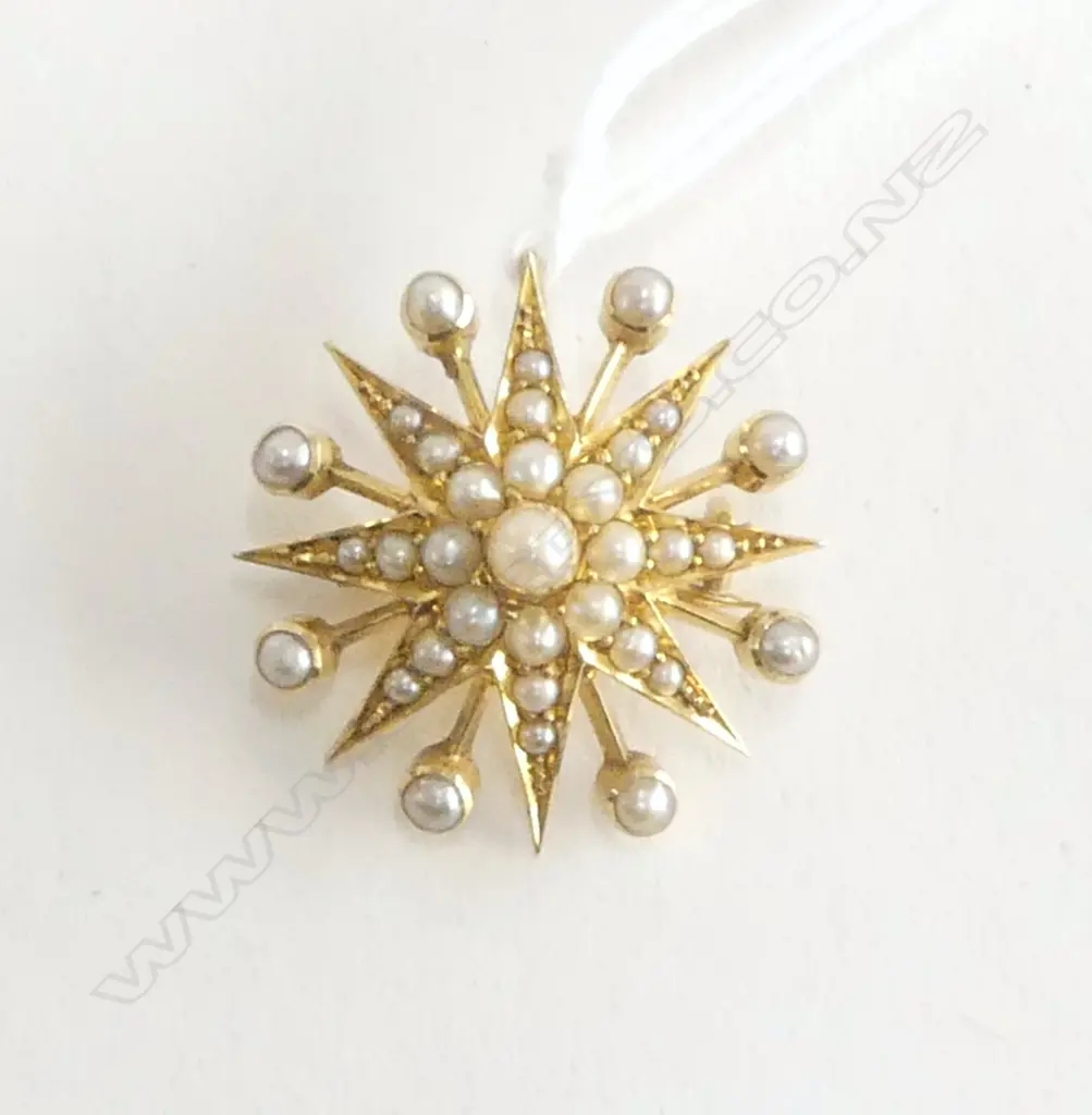 14ct SEED PEARL STAR PENDANT BROOCH 22mm dia 4.9gms Image 1++