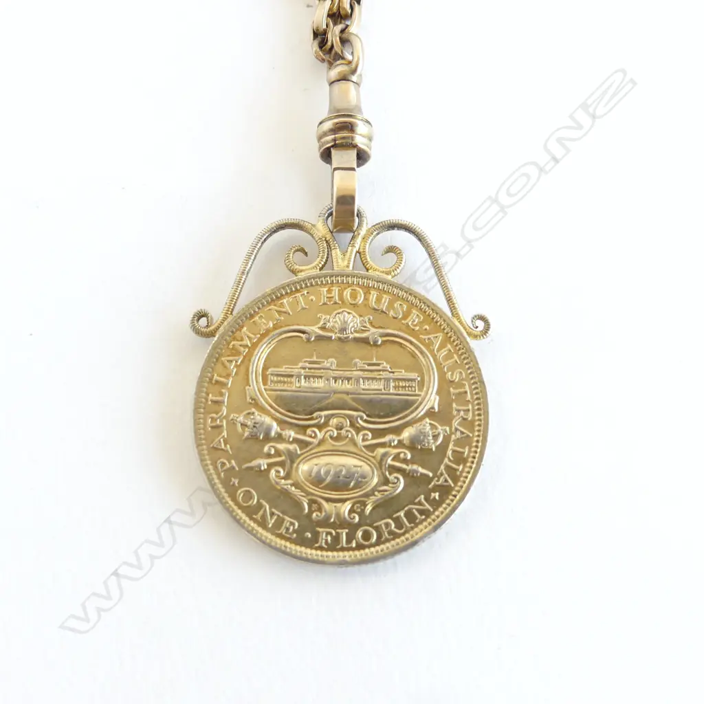 9CT GOLD MUFF CHAIN 24.3gm 1130mm (Australian 1927 florin pendant) Image 1++