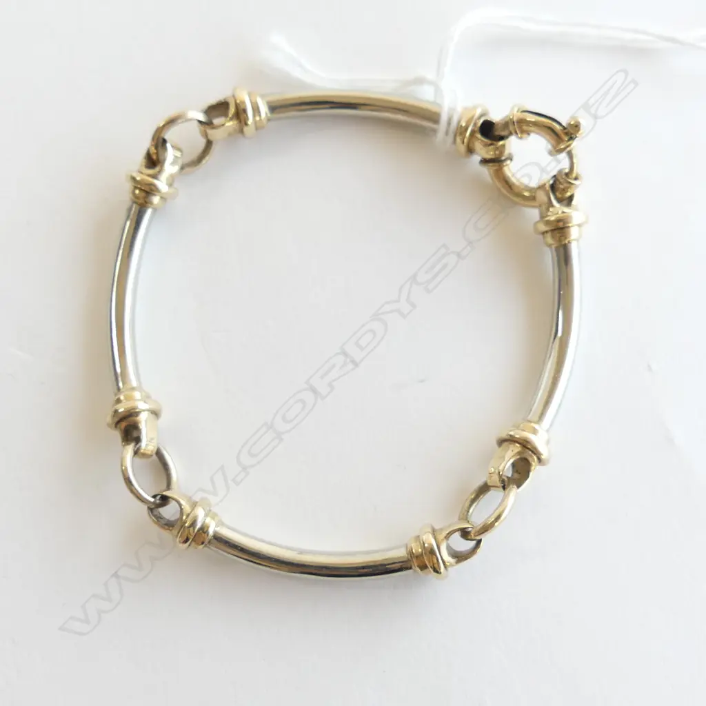 9ct YELLOW GOLD & SILVER CURVED BAR BRACELET 18gm total Image 1++