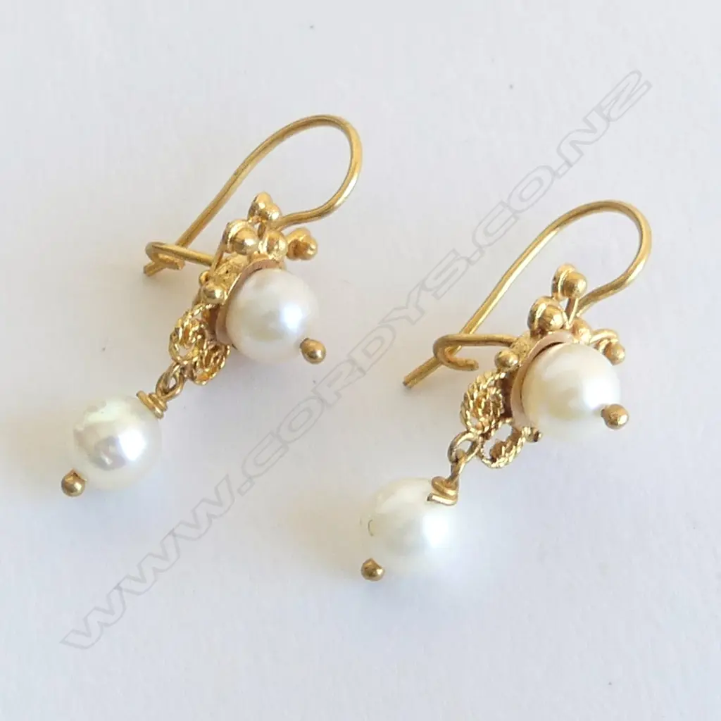 PR 14ct GOLD & PEARL DROP EARRINGS 3gms Image 1++