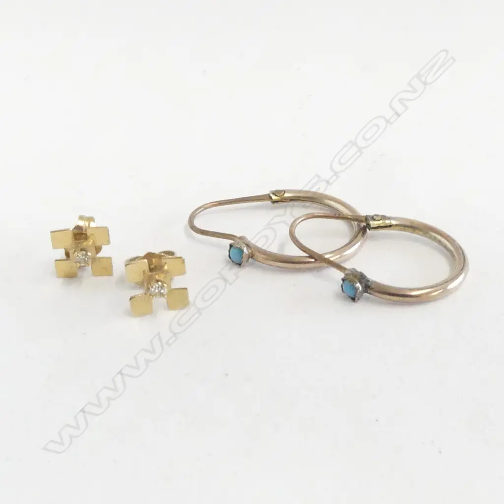 2 PRS GOLD EARRINGS; STUDS w DIAMOND & SLEEPERS w TURQUOISE STONE 2.2gm Image 1++