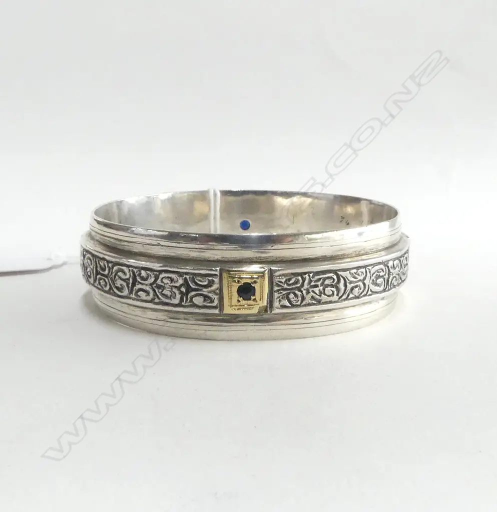 SILVER BANGLE w GOLD SET SAPPHIRES 100gm Image 1++