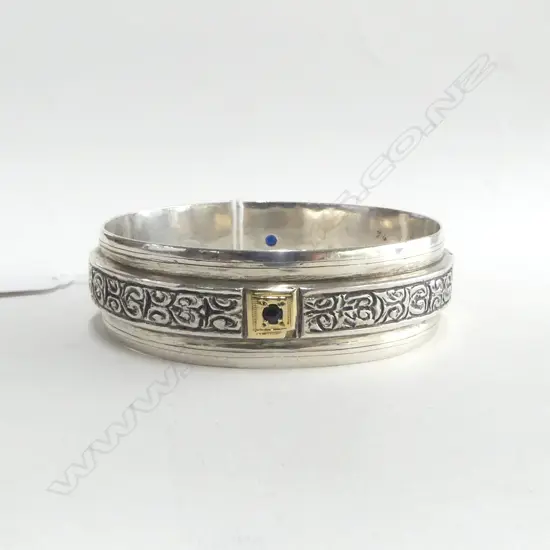 SILVER BANGLE w GOLD SET SAPPHIRES 100gm