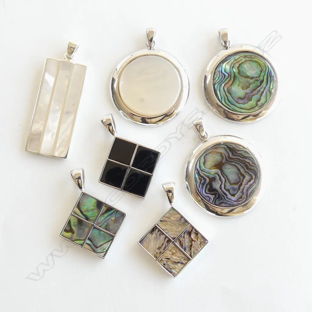 7 MOP, PAUA & ONYX SILVER SET PENDANTS, NEW Image 1++