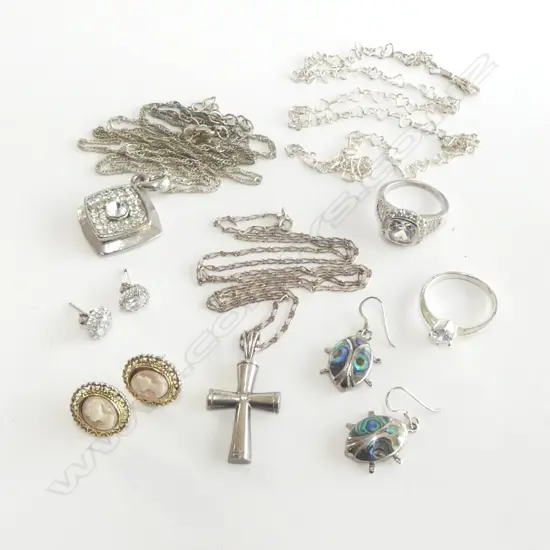 ASST. COSTUME JEWELLERY; 2 RINGS, 3 NECKLACES, 3 PRS EARRINGS