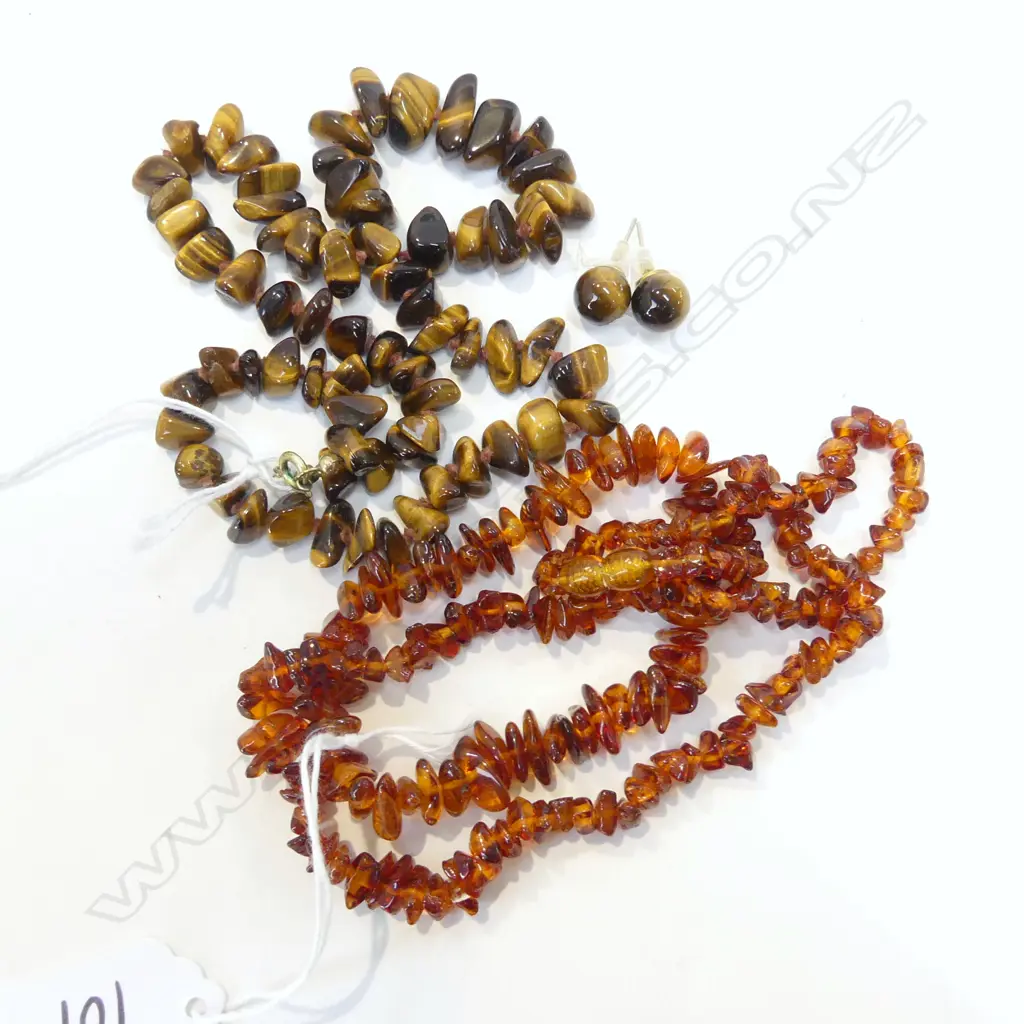AMBER CHIP NECKLACE BRACELET/SET & TIGER EYE NECKLACE w MATCHING STUD EARRINGS Image 1++