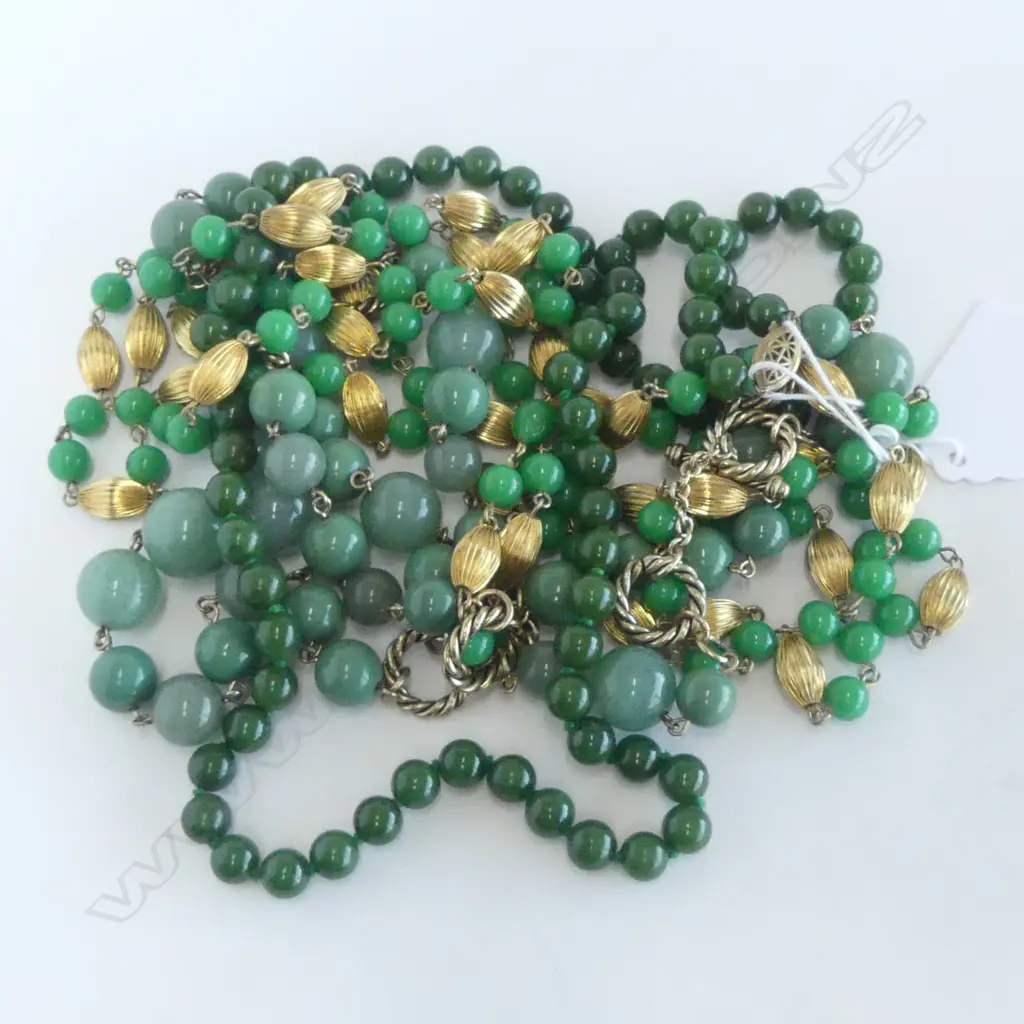 3 GREEN NECKLACES, STRING HANDKNOTTED JADE & 2 COSTUME Image 1++