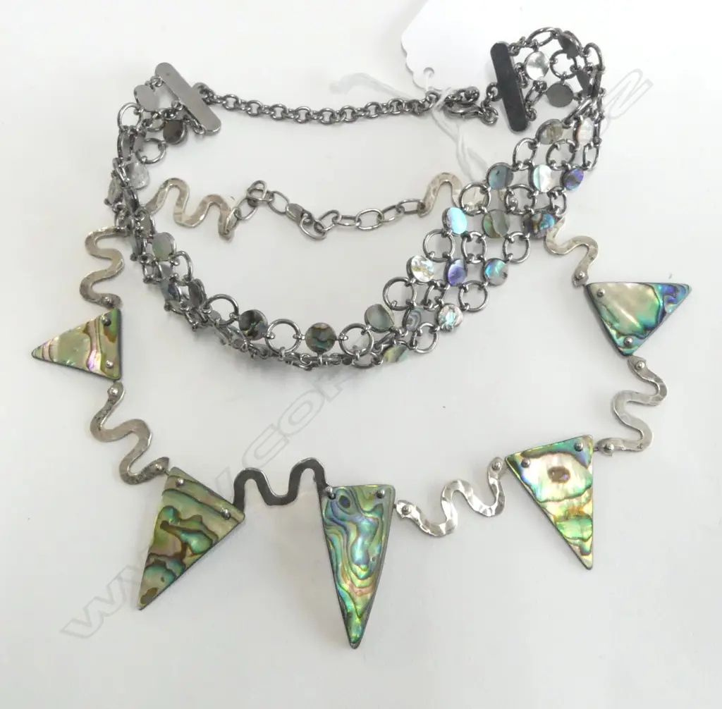 MODERNIST DESIGN SILVER & PAUA NECKACE + S/PLATE & PAUA NECKLACE  Image 1++