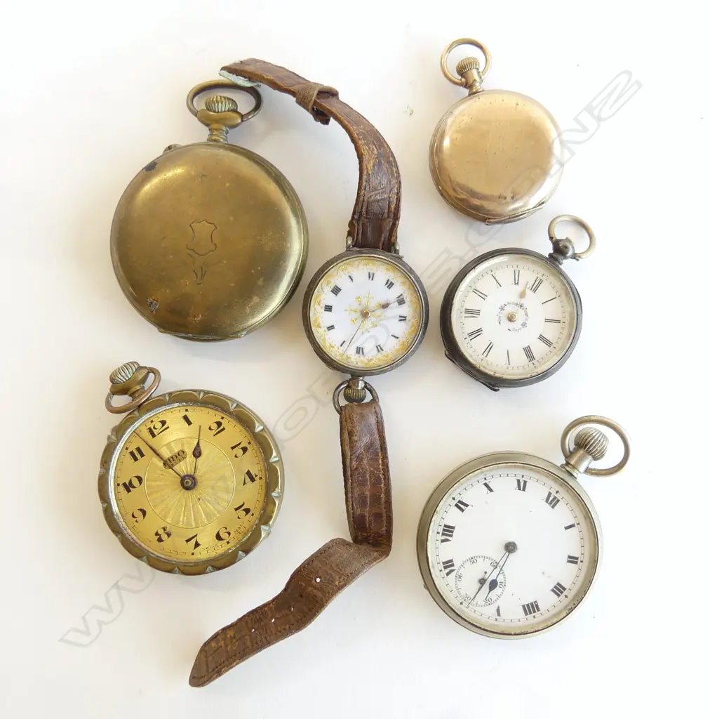 6 VINTAGE GENTS POCKET WATCHES: 2 SILVER W 1 CONVERTED TO A WRIST WATCH Image 1++
