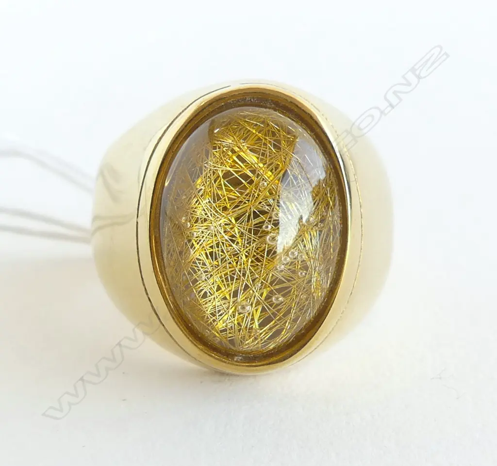 GENTS 18k GOLD PLATED RING w CENTRAL OVAL FAUX STONE, SIZE W Image 1++
