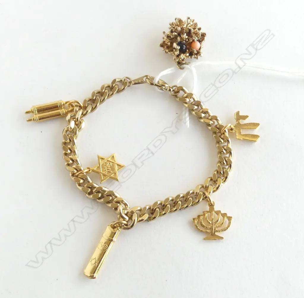 GOLD PLATE LINK BRACELET w 5 JEWISH THEMED CHARMS + GOLD PLATED PENDANT SET W CORAL  L.20mm Image 1++