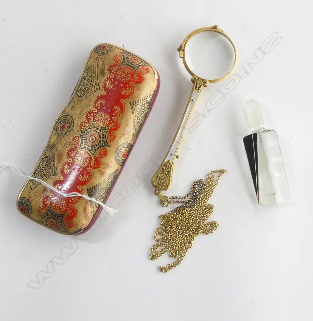 VINTAGE GILT & MOP LORGNETTE + ART DECO BOHEMIAN GLASS SCENT BOTTLE TOP (broken end) in spectacle case Image 1++