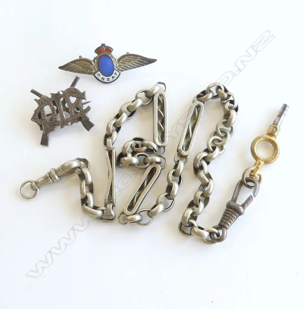 'COIN SILVER' ALBERT CHAIN & TWO MILITARY BADGES Image 1++
