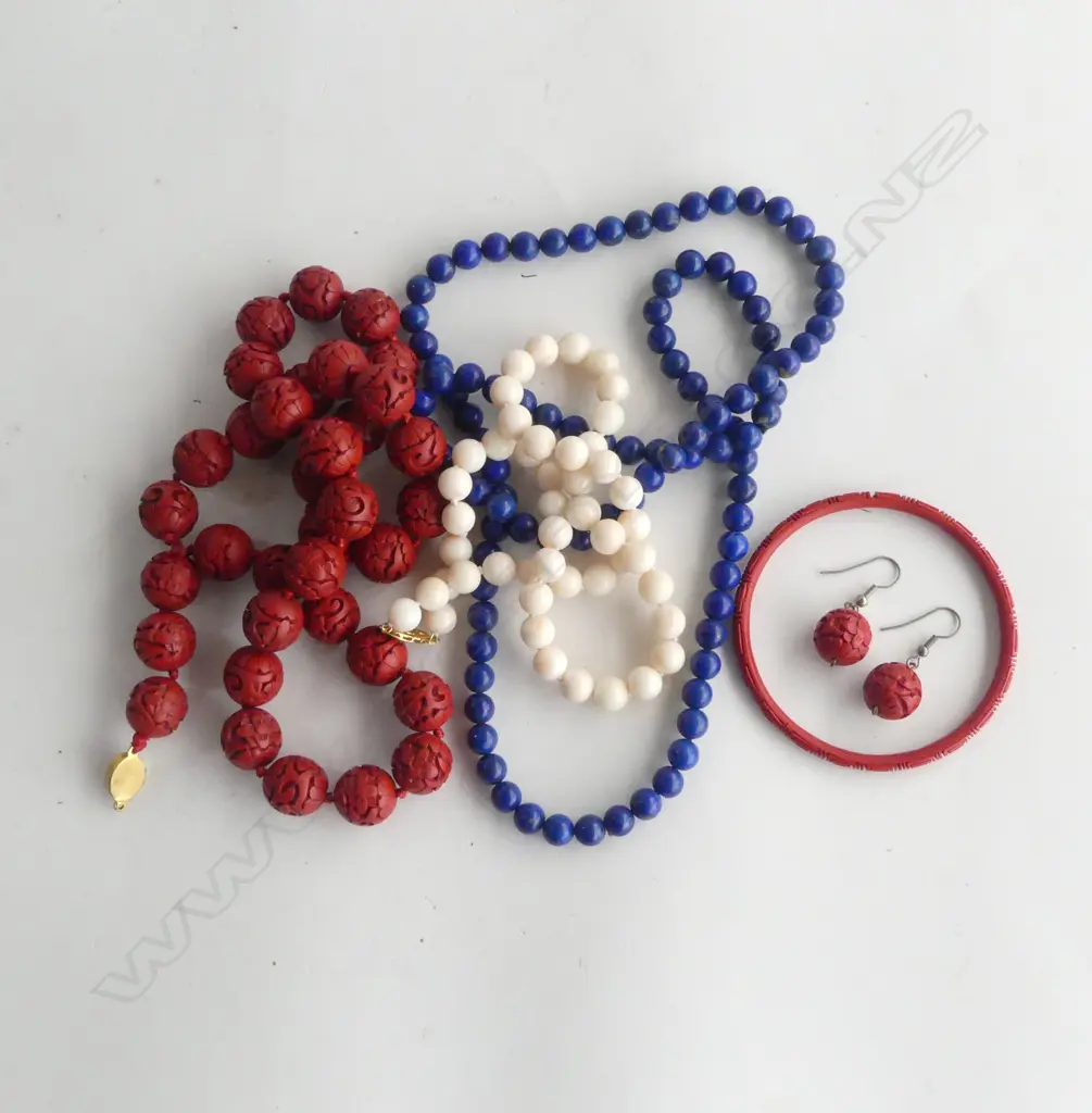 3 NECKLACES; CINNABAR, LAPIS & PALE PINK BEADS (w 14CT CLASP) plus CINNABAR BANGLE & PR EARRINGS Image 1++