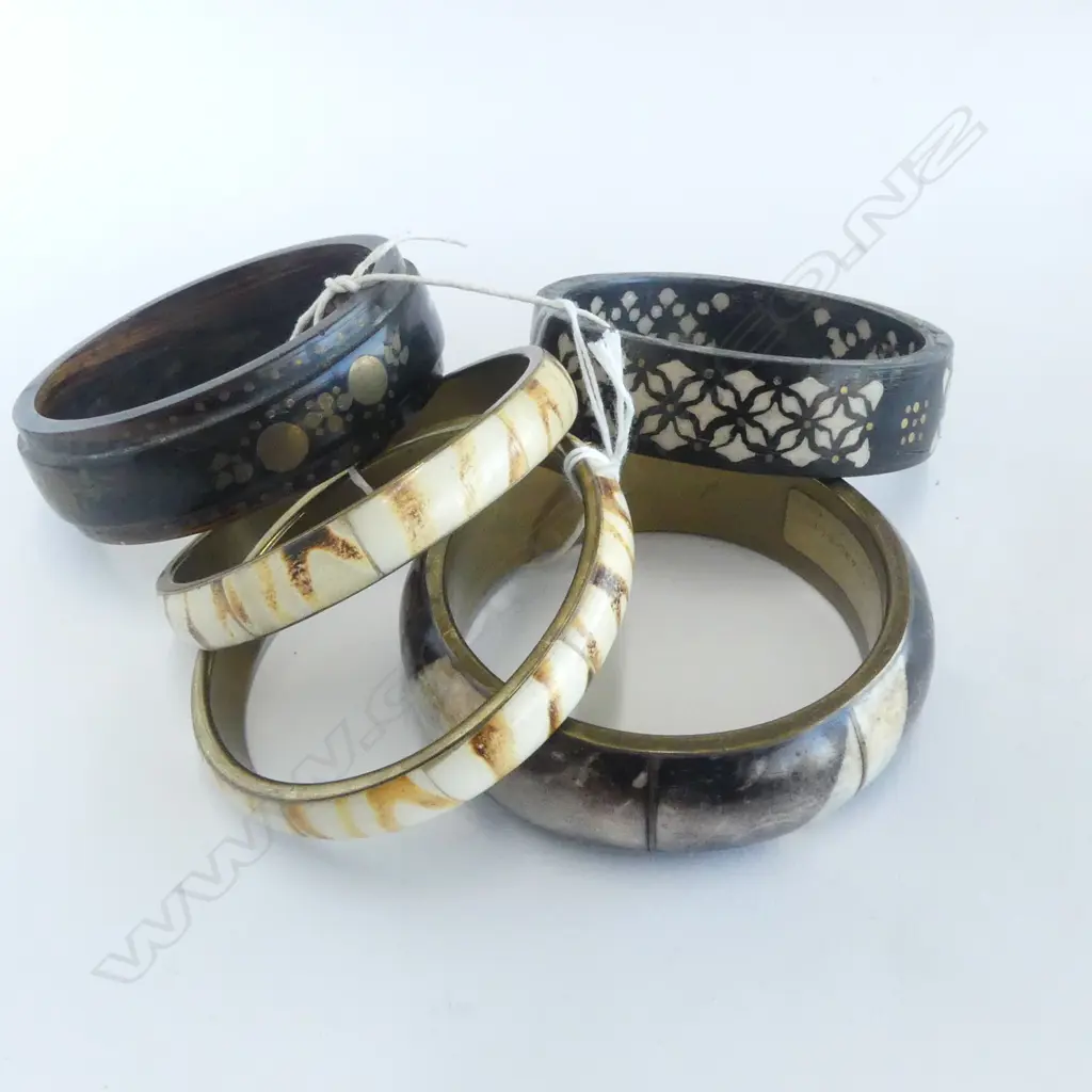 5 ETHNIC BANGLES w INLAY BRASS & MOP Image 1++