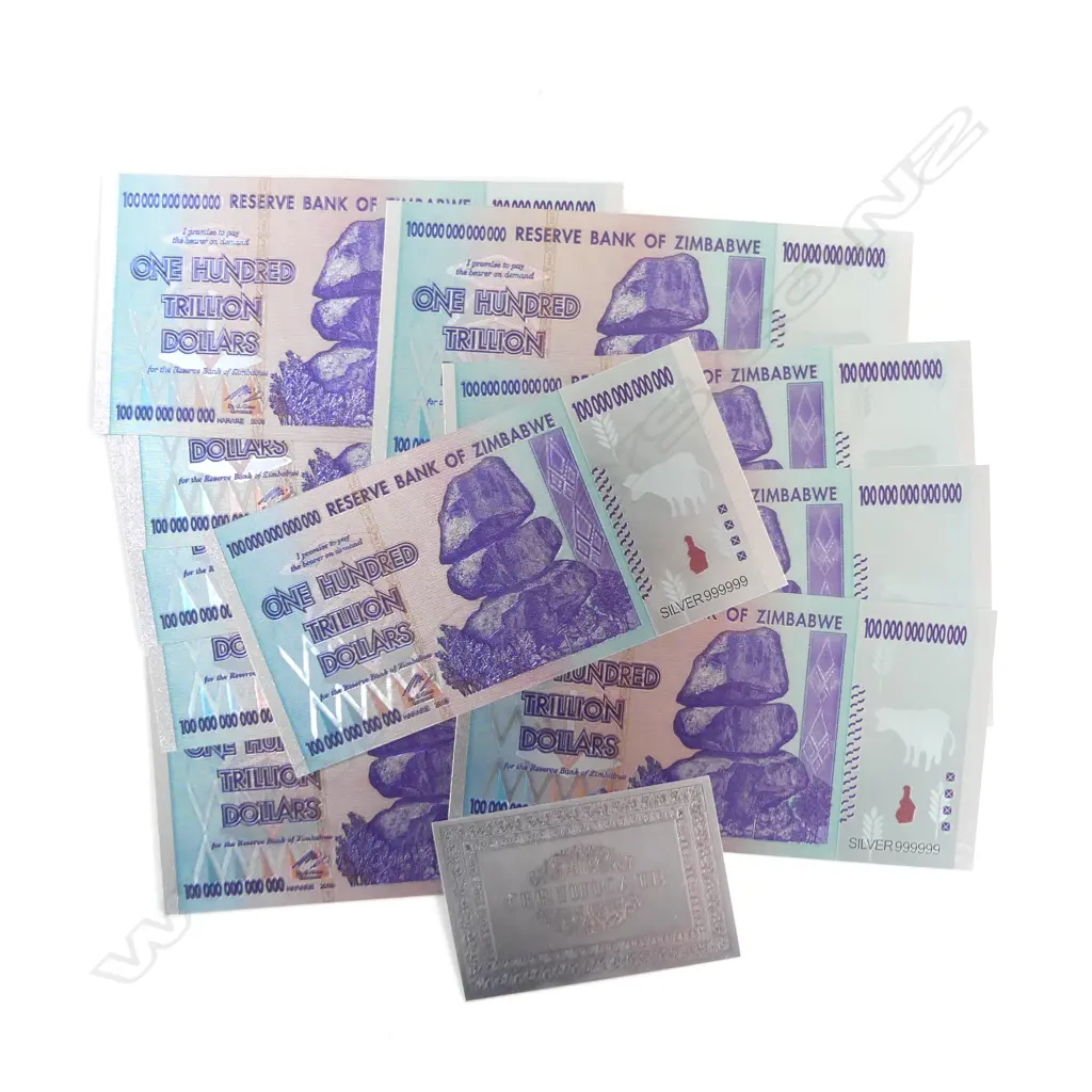 10 BANK OF ZIMBABWE ONE HUNDRED TRILLION DOLLAR NOTES + CERTIFICATE  Image 1++