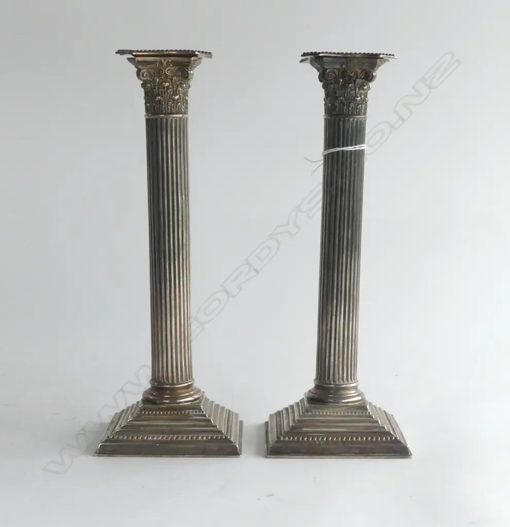 PR VICTORIAN SILVER CORRINTHIAN COLUMN CANDLESTICKS Birmingham 1895 by Thomas Wilkes Barker H.268mm. 600gms Image 1++