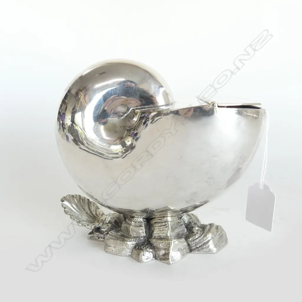 c1890 S/PLATE NAUTILUS SPOON WARMER hinged lid. Rocky base with scallop shell. H.148mm Image 1++