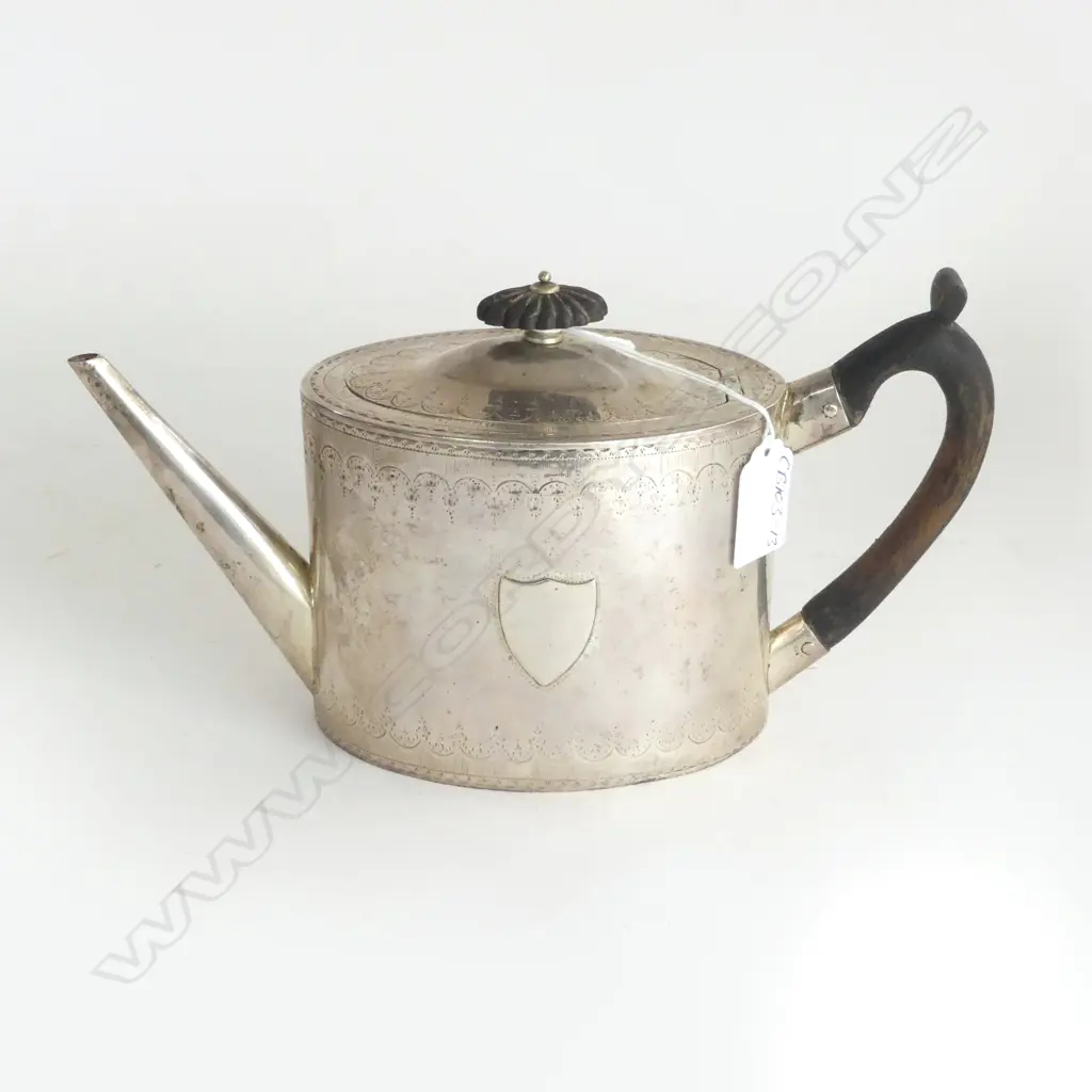 GEORGE III SILVER OVAL CAN SHAPE TEA POT engraved bands presentation inscription to base. 450gms Image 1++
