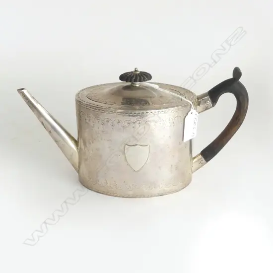 GEORGE III SILVER OVAL CAN SHAPE TEA POT engraved bands presentation inscription to base. 450gms