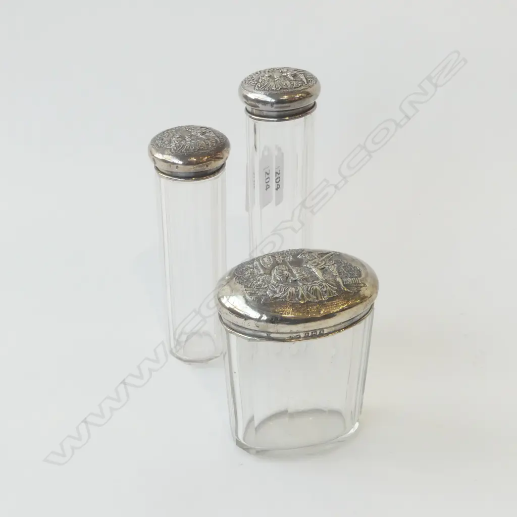 3 EDWARDIAN FANCY SILVER FRENCH STYLE FIGURES LIDDED GLASS FACETTED TALL VANITY JARS. Birmingham 1906. tallest 155mm Image 1++