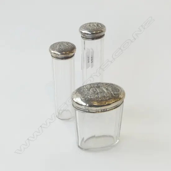 3 EDWARDIAN FANCY SILVER FRENCH STYLE FIGURES LIDDED GLASS FACETTED TALL VANITY JARS. Birmingham 1906. tallest 155mm