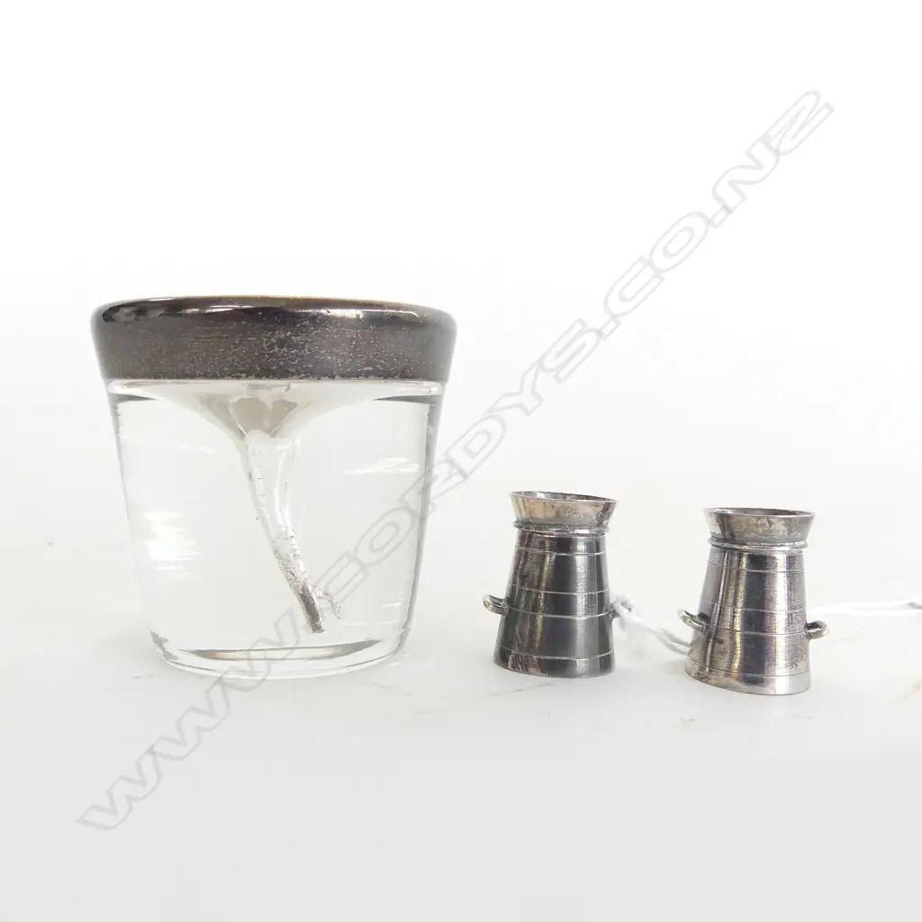 PR MINI NOVELTY SILVER MILK CAN PEPPERETTES Birmingham 1893 + tornado  glass w silver band 1902 Birmingham Image 1++