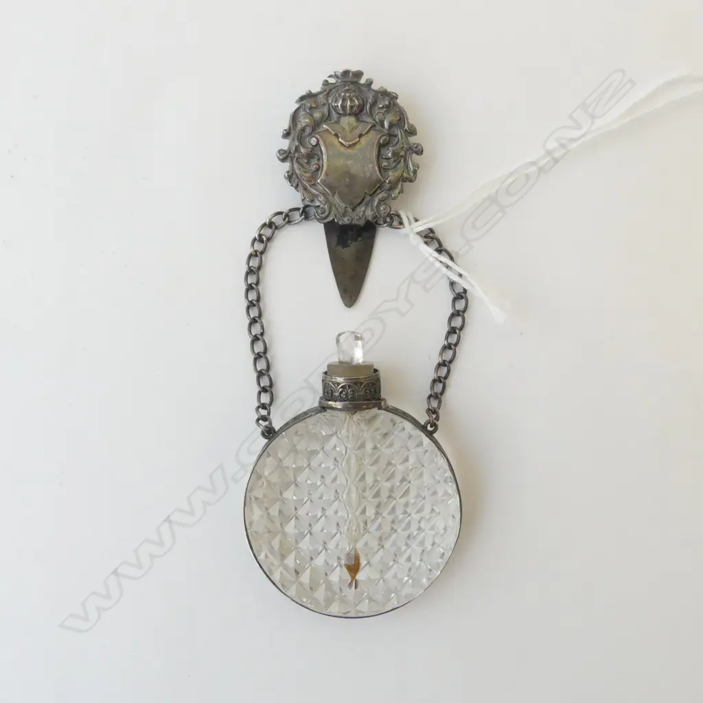 EARLY 20thC EURO SILVER & CUT CRYSTAL CHATELAINE SCENT BOTTLE disc form Image 1++