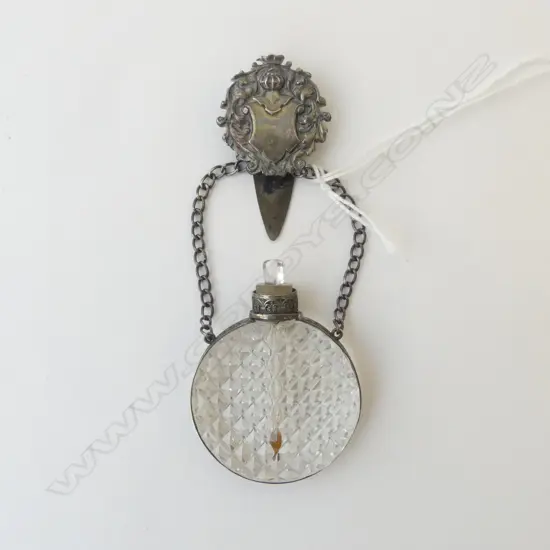EARLY 20thC EURO SILVER & CUT CRYSTAL CHATELAINE SCENT BOTTLE disc form