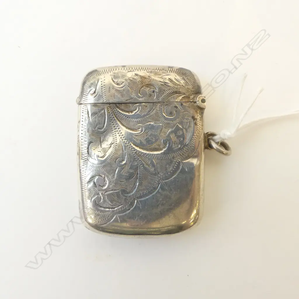 Birmingham 1912 SILVER VESTA shield form cartouche leafy & floral vine engraving w suspension loop  Image 1++