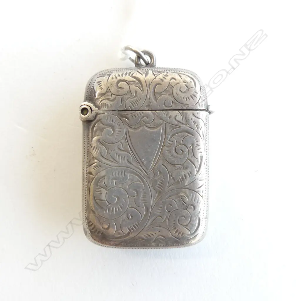 Birmingham 1897 SILVER ENGRAVED VESTA BOX suspension loop to top Image 1++