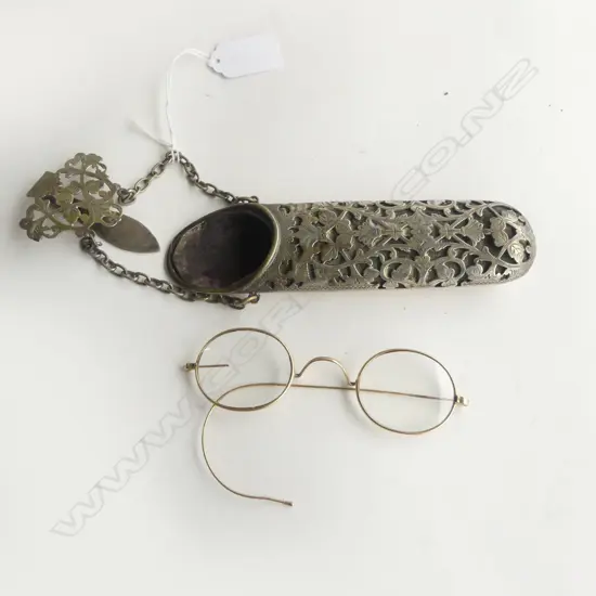 C1900 SILVER PLATE CHATELAINE SPECTACLE CASE + gold plate spectacles a,f