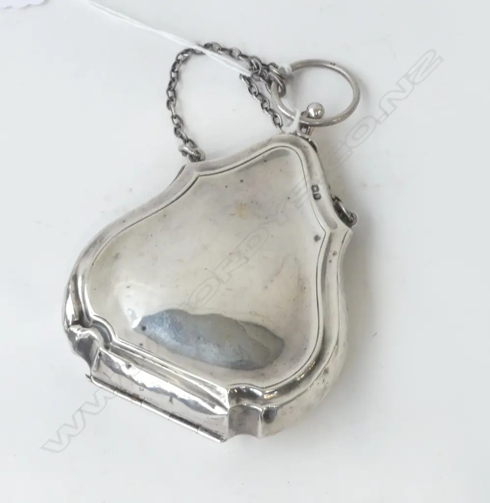 Birmingham 1915 SILVER PURSE leather fitted interior with chain & finger ring  Image 1++