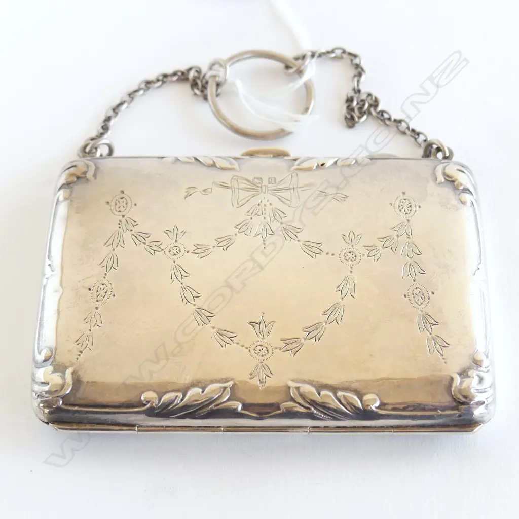 BIRMINGHAM 1915 SILVER ENGRAVED CARD CASE leather fitted interior swag & bow engraved chain handle w finger ring 90gms Image 1++