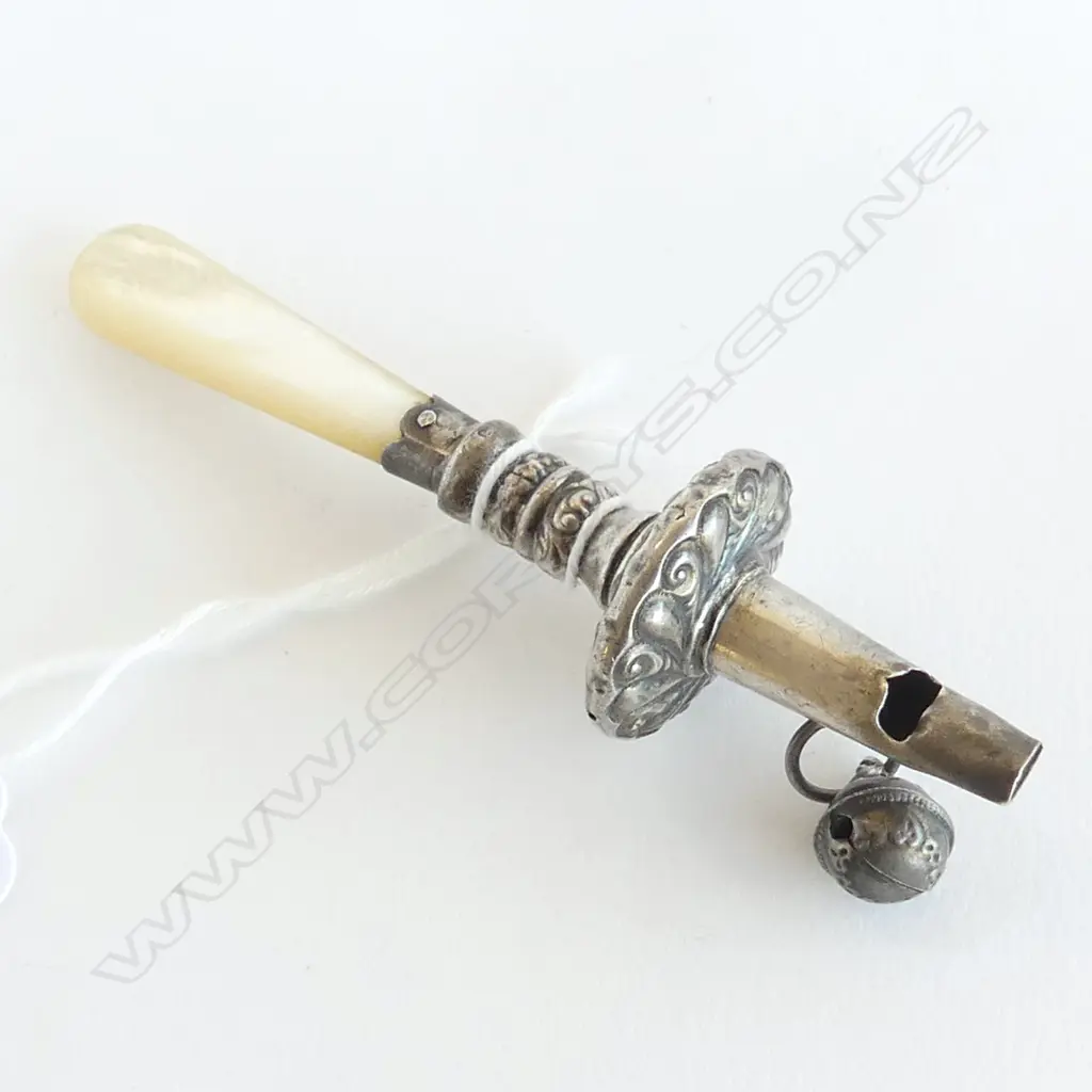 VICTORIAN SILVER & MOP BABIES RATTLE / WHISTLE /TEETHING RING L.100mm Image 1++