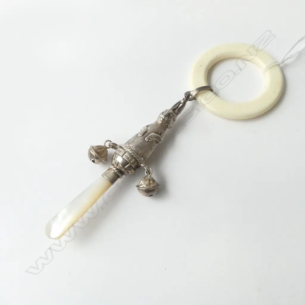 ENGLISH SILVER RABBIT BABIES RATTLE & TEETHING RING Birmingham 1993 Image 1++
