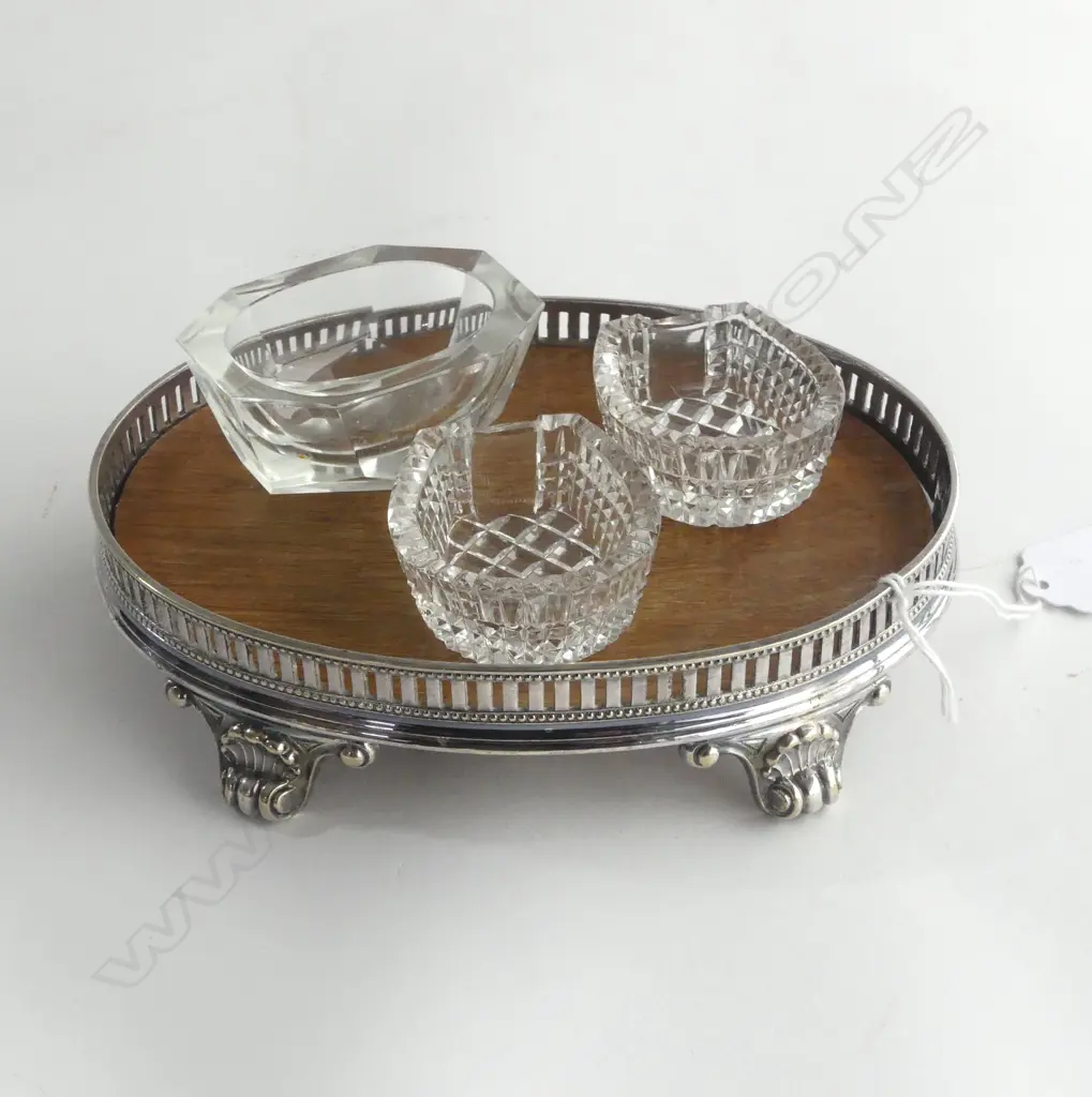 ANTIQUE S/PLATE REGENCY STYLE TRAY + 3 GLASS/CRYSTAL SALTS Image 1++