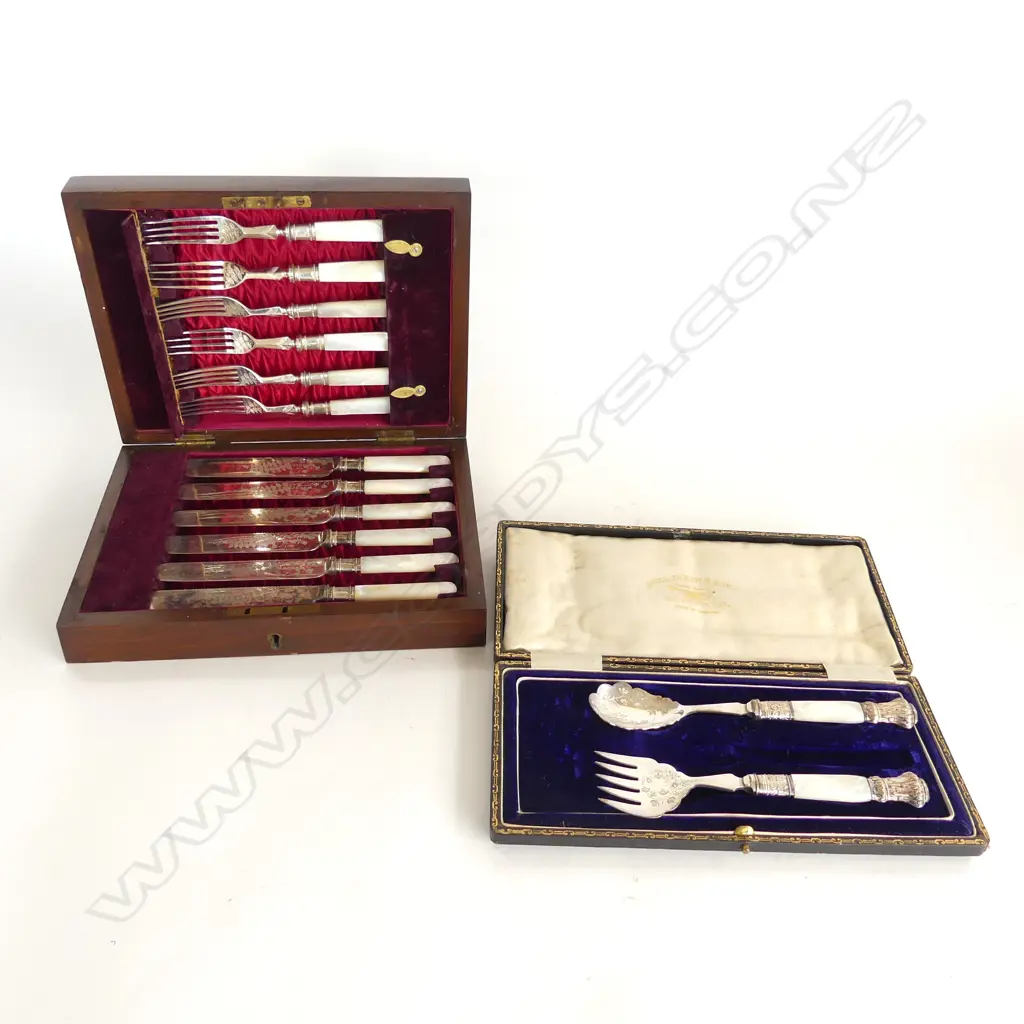 TWO SETS VICTORIAN SILVER PLATE & MOTHER OF PEARL CUTLERY Image 1++