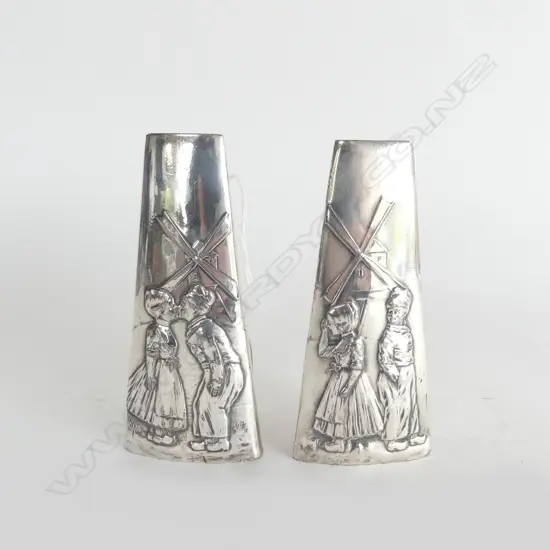PR WMF ART NOUVEAU S/PLATE VASES Dutch children & windmills triangular tapered H.125mm