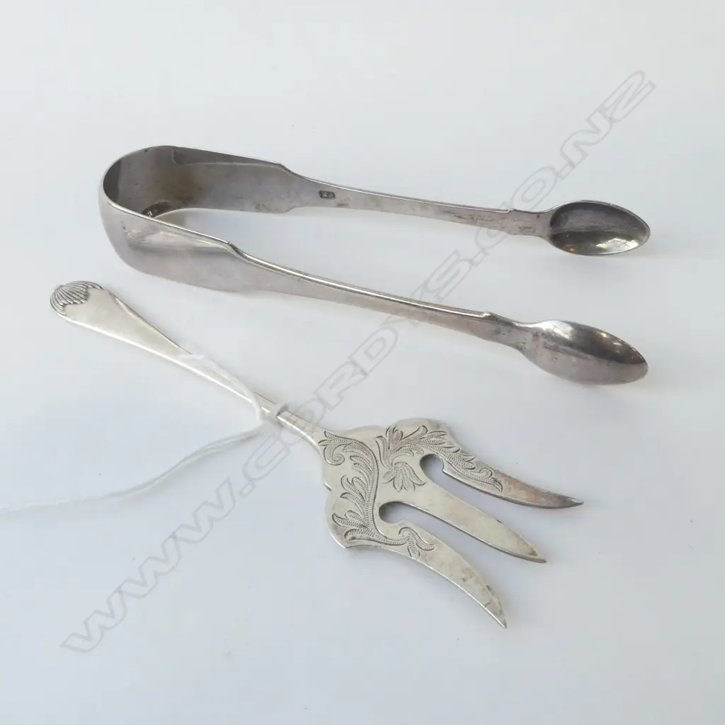 2 SILVER CUTLERY PCES: GEO.III TONGS L.1819 + EDW. PICKLE FORK 76gms Image 1++