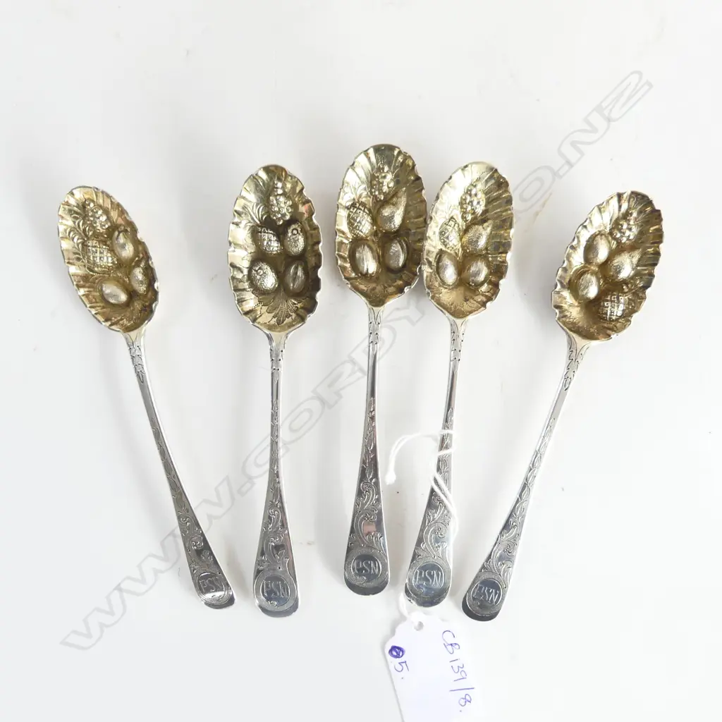 5 ANTIQUE STG SILVER BERRY TEA SPOONS, 65gms Image 1++