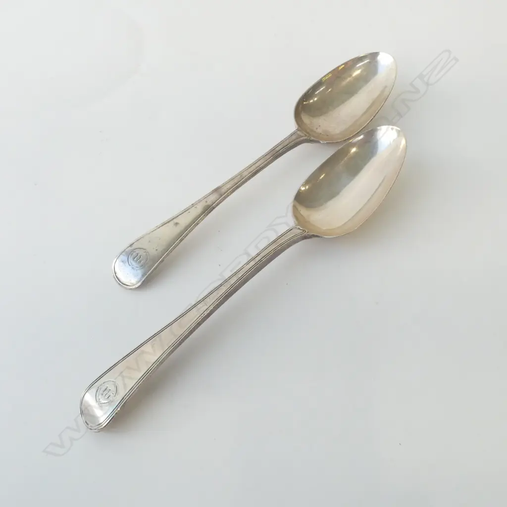 2 SILVER early 19thC table spoons Old English & Thread. London 1784 & 1825. 164gms   Image 1++